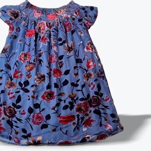 EN CREME Blue Floral Velvet Burnout Mesh Off Shoulder Smocked Dress